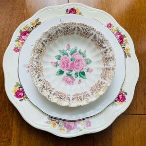 Vintage Floral Pink Rose Porcelain Bowl and Plates Set